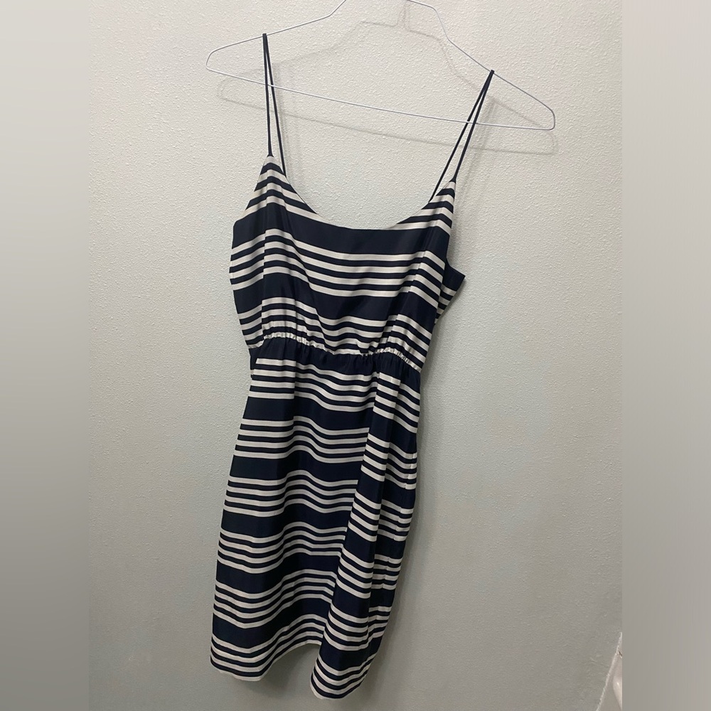 J. Crew navy blue and white striped spaghetti strap dress